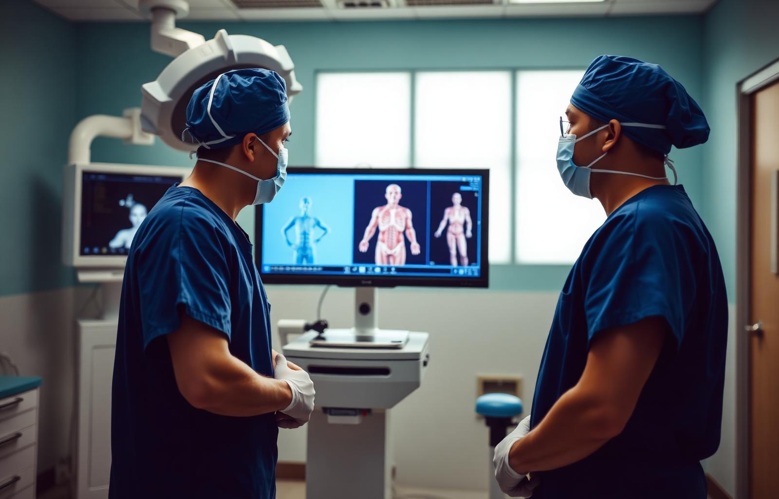Surgeons reviewing 3D anatomy in an operating room